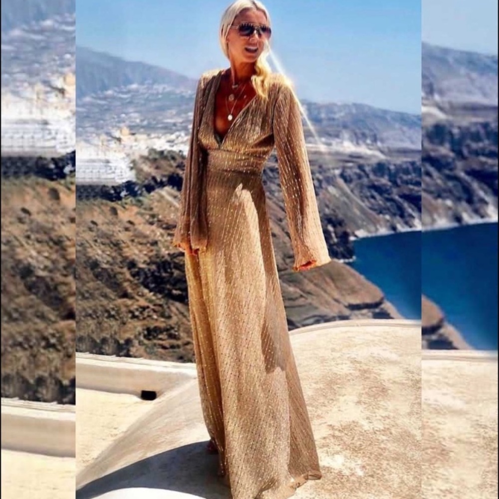 Boho Beach Apricot Nude Metallic Gold Plunge Bell Sleeves Maxi Dress